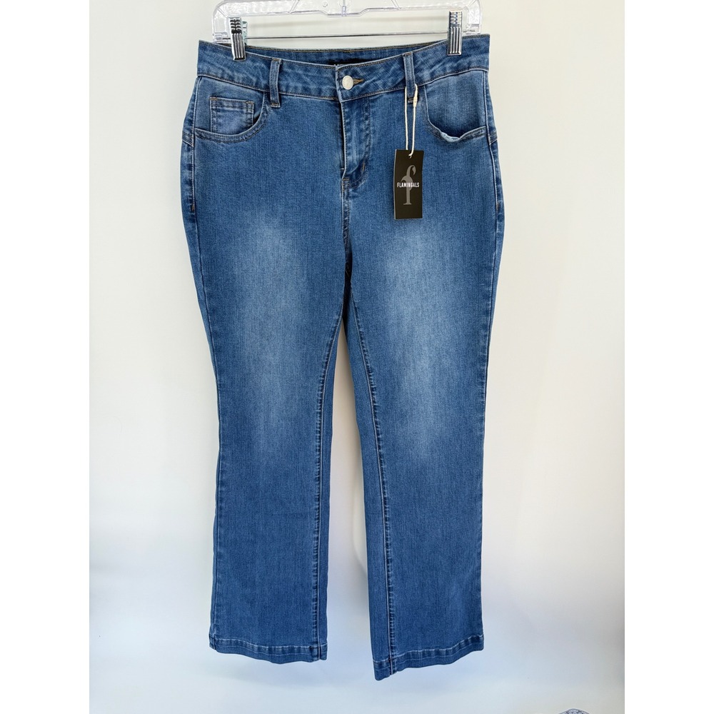 Flamingals Womens High Rise Western Flare Jeans Blue Button Hem Size L NWT